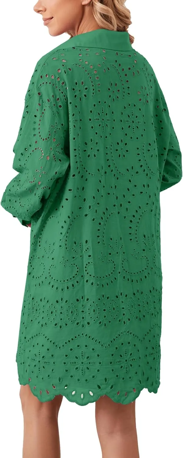 Livtany Womens Button Down Shirt Dress Solid Eyelet Embroidery Cover Up Dress Casual Oversized Long Sleeve Blouse Tops