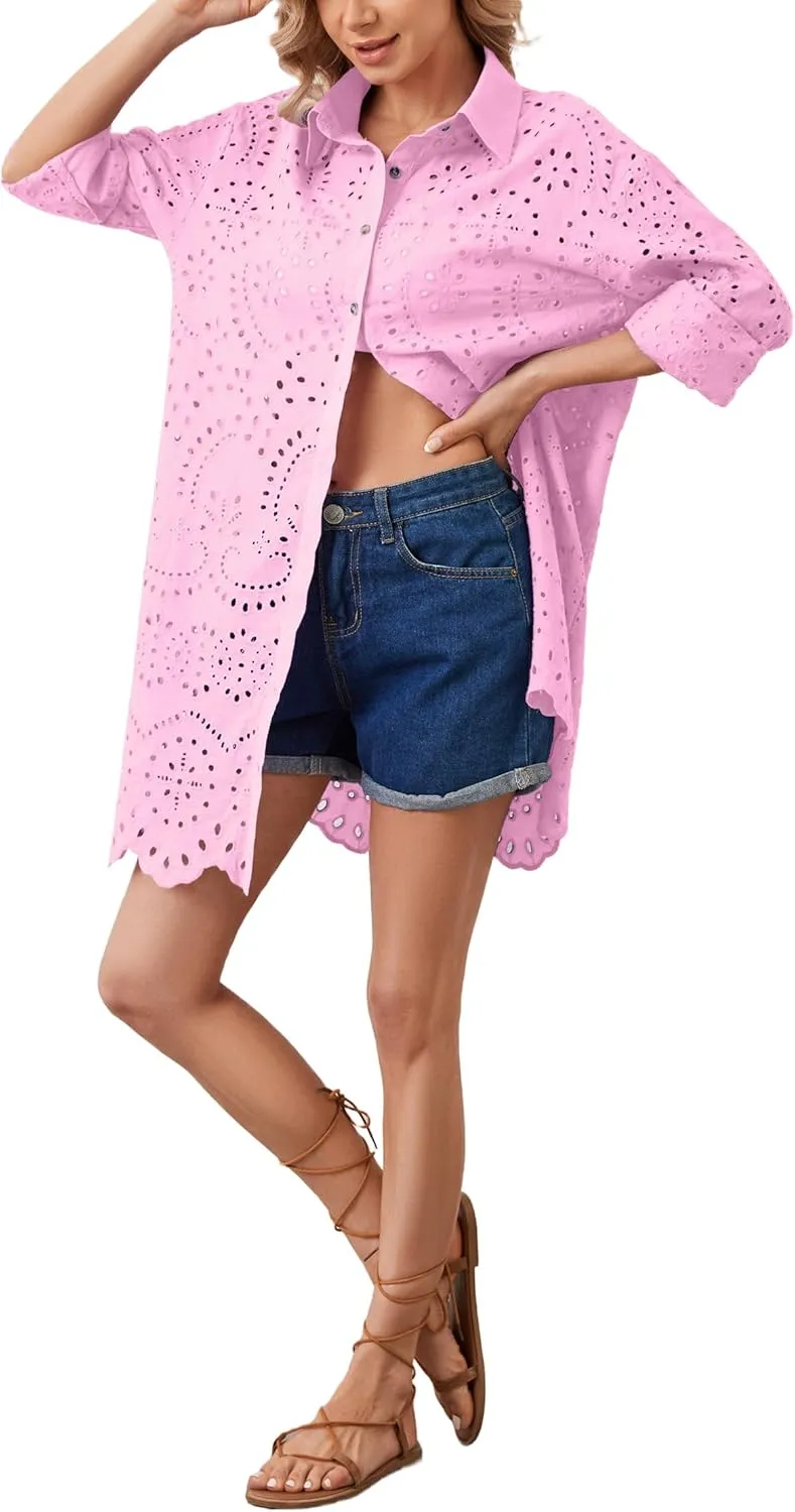 Livtany Womens Button Down Shirt Dress Solid Eyelet Embroidery Cover Up Dress Casual Oversized Long Sleeve Blouse Tops