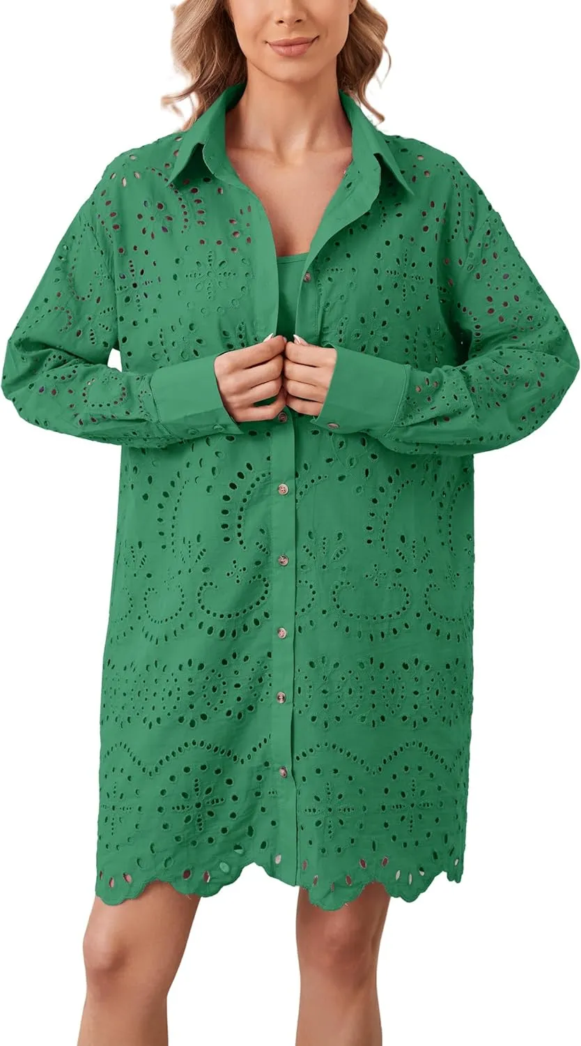 Livtany Womens Button Down Shirt Dress Solid Eyelet Embroidery Cover Up Dress Casual Oversized Long Sleeve Blouse Tops