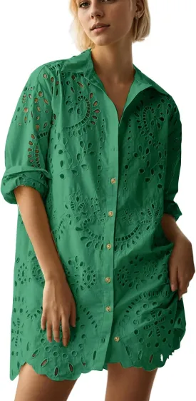 Livtany Womens Button Down Shirt Dress Solid Eyelet Embroidery Cover Up Dress Casual Oversized Long Sleeve Blouse Tops