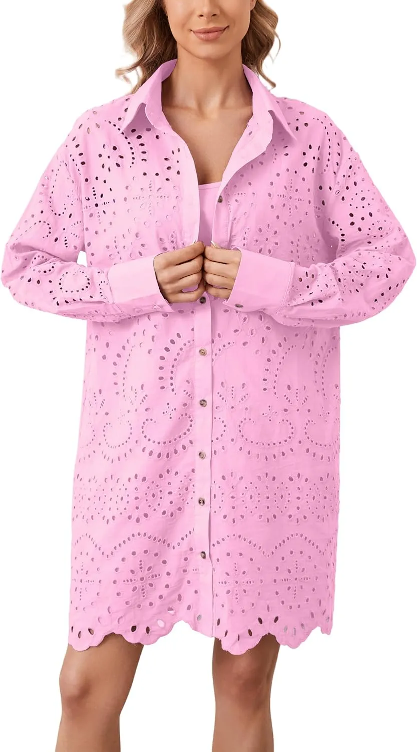 Livtany Womens Button Down Shirt Dress Solid Eyelet Embroidery Cover Up Dress Casual Oversized Long Sleeve Blouse Tops