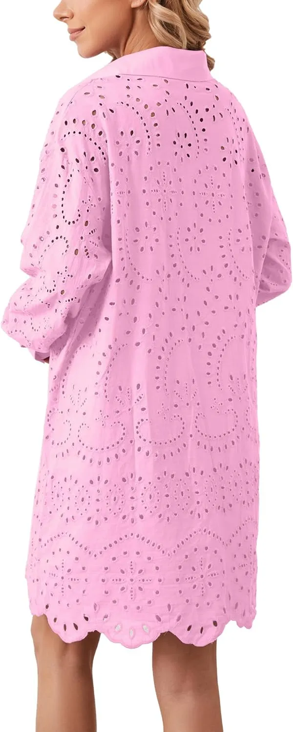 Livtany Womens Button Down Shirt Dress Solid Eyelet Embroidery Cover Up Dress Casual Oversized Long Sleeve Blouse Tops