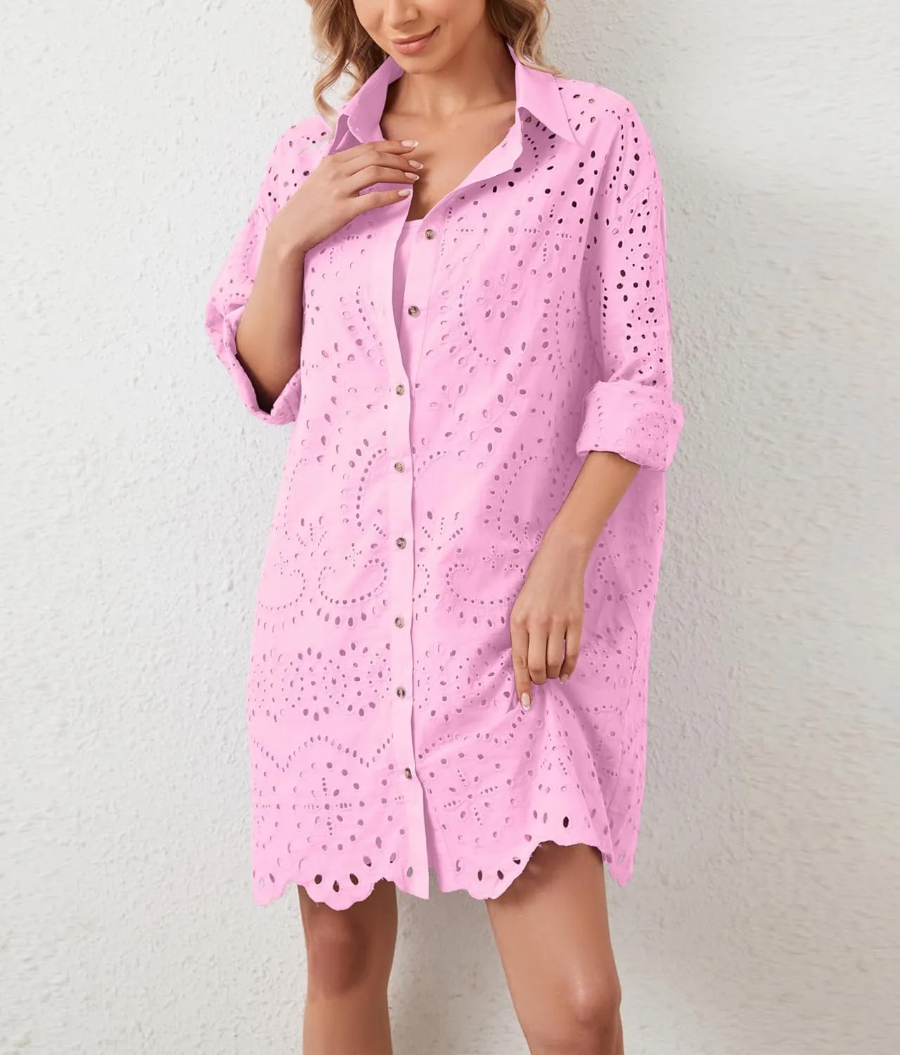 Livtany Womens Button Down Shirt Dress Solid Eyelet Embroidery Cover Up Dress Casual Oversized Long Sleeve Blouse Tops
