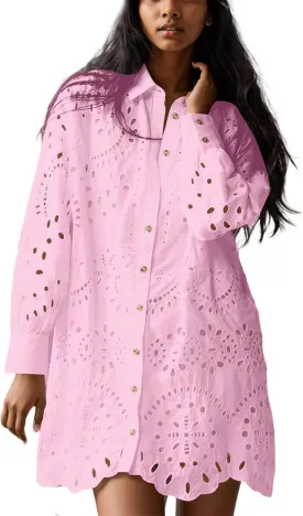 Livtany Womens Button Down Shirt Dress Solid Eyelet Embroidery Cover Up Dress Casual Oversized Long Sleeve Blouse Tops