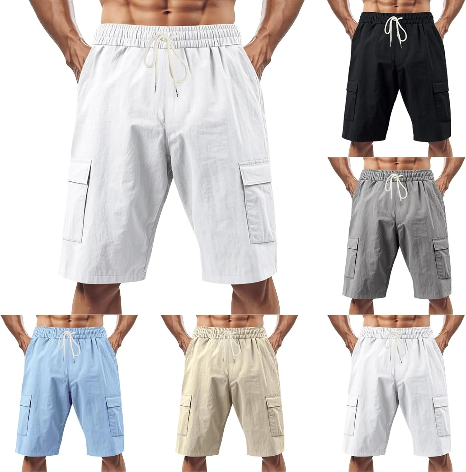 Mens Linen Cargo Shorts Casual Drawstring Waist Shorts Straight-Legs Multi-Pockets Joggers Pants for Outdoor Running