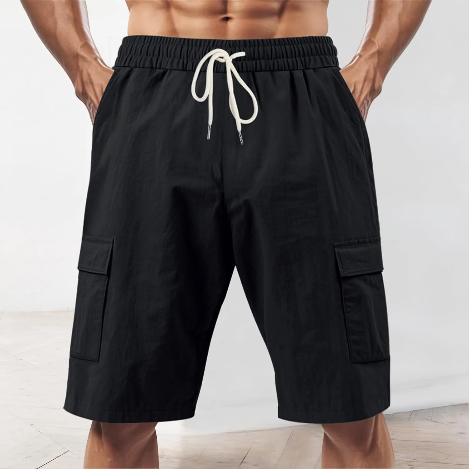 Mens Linen Cargo Shorts Casual Drawstring Waist Shorts Straight-Legs Multi-Pockets Joggers Pants for Outdoor Running