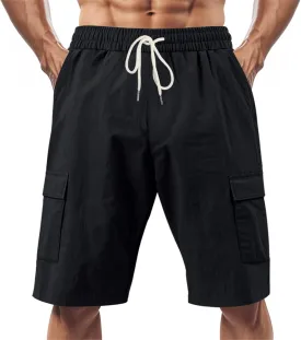 Mens Linen Cargo Shorts Casual Drawstring Waist Shorts Straight-Legs Multi-Pockets Joggers Pants for Outdoor Running