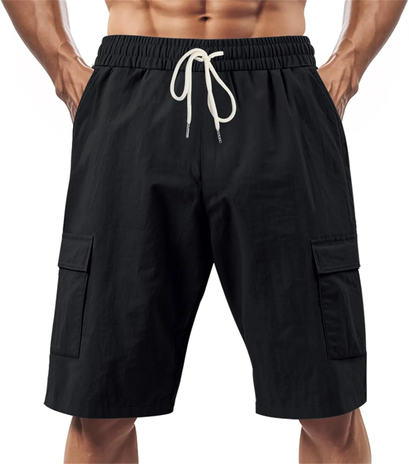 Mens Linen Cargo Shorts Casual Drawstring Waist Shorts Straight-Legs Multi-Pockets Joggers Pants for Outdoor Running