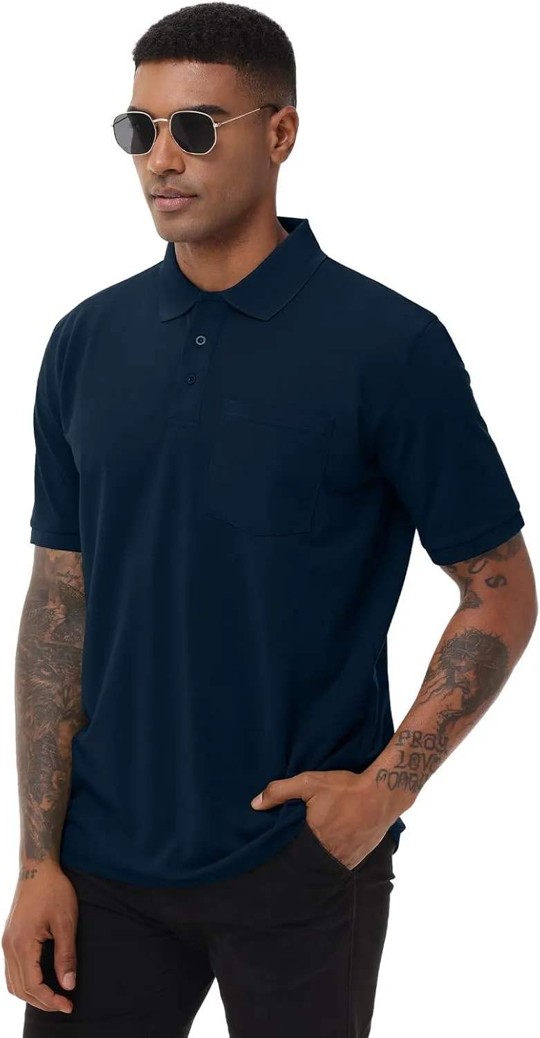 Men's Short Sleeve Polo Shirt Moisture Wicking Performance Dry Fit Golf Polo with Pocket