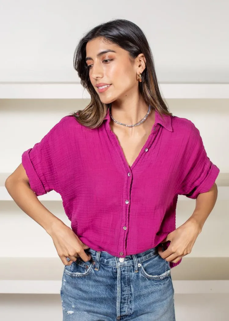 Michael Stars Bailey Button Down Gauze Shirt-Fuschia