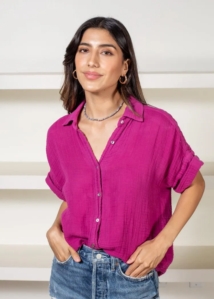 Michael Stars Bailey Button Down Gauze Shirt-Fuschia