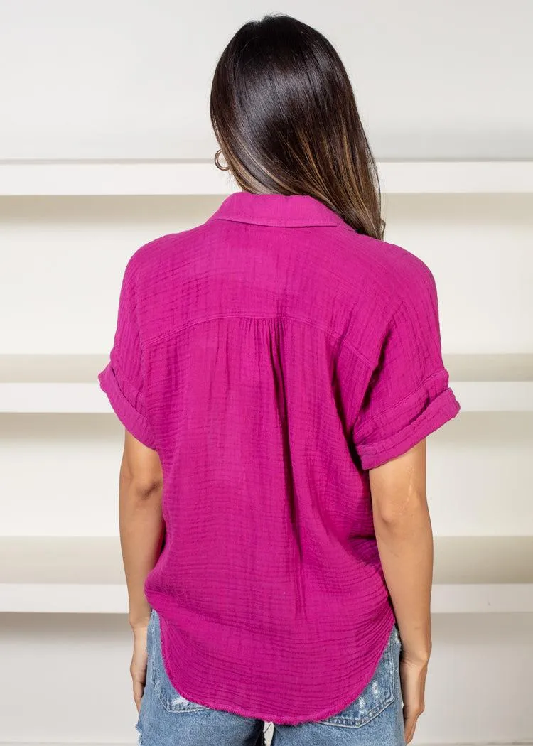 Michael Stars Bailey Button Down Gauze Shirt-Fuschia