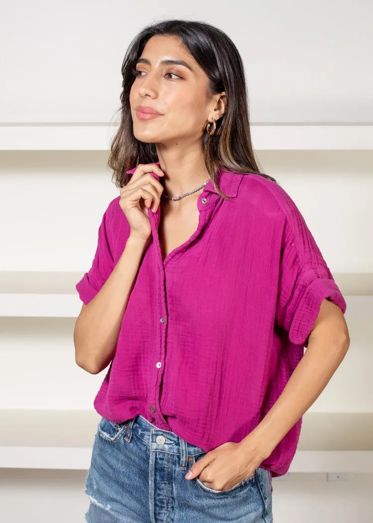 Michael Stars Bailey Button Down Gauze Shirt-Fuschia