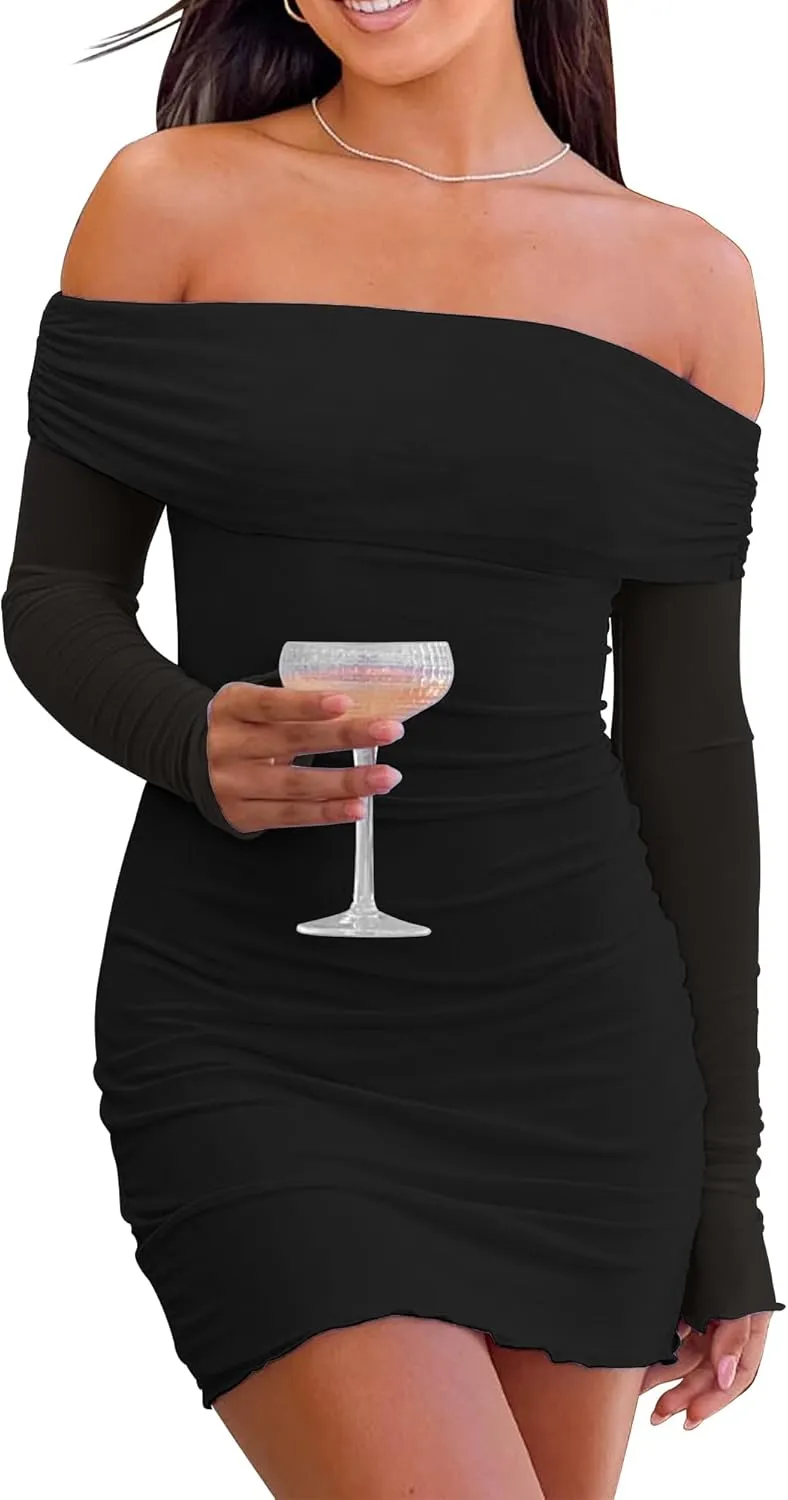 Mokoru Women's Sexy Bodycon Off The Shoulder Mesh Long Sleeve Elegant Cocktail Party Mini Dresses