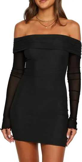 Mokoru Women's Sexy Bodycon Off The Shoulder Mesh Long Sleeve Elegant Cocktail Party Mini Dresses