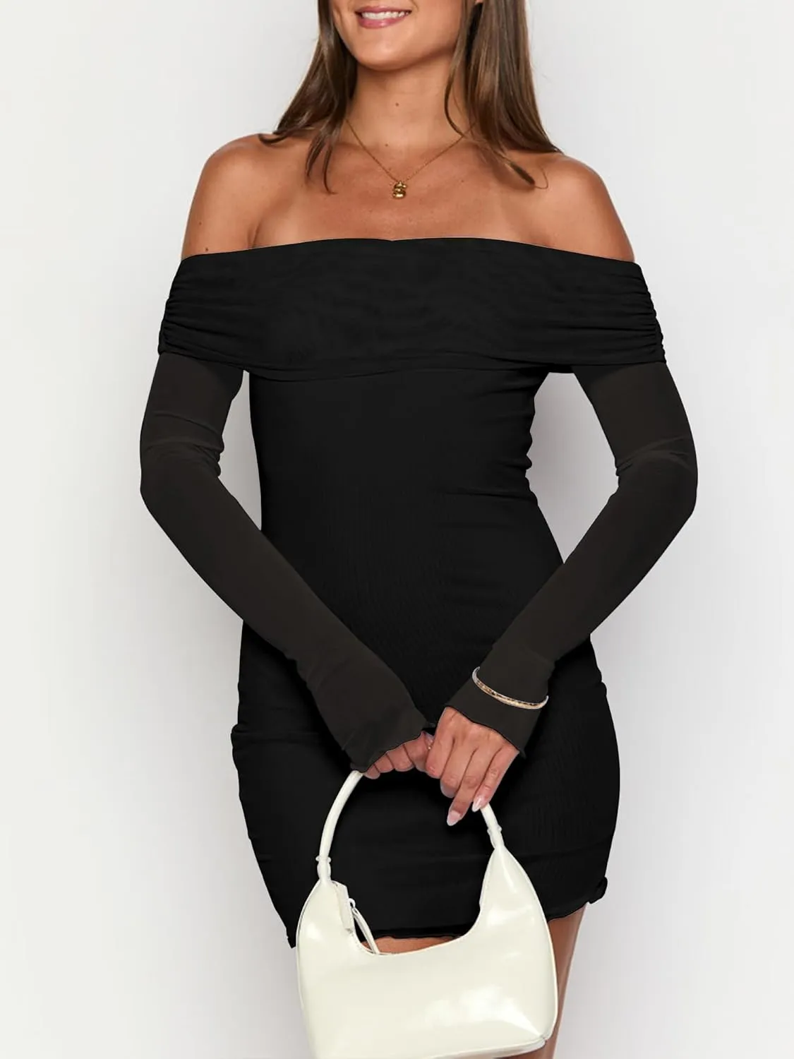 Mokoru Women's Sexy Bodycon Off The Shoulder Mesh Long Sleeve Elegant Cocktail Party Mini Dresses