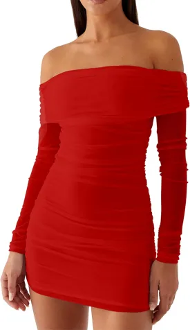 Mokoru Women's Sexy Elegant Off The Shoulder Mesh Long Sleeve Ruched Bodycon Cocktail Party Mini Dresses