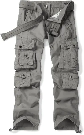 OCHENTA Men's Cotton Casual Cargo Work Pants Baggy Travel Hiking with Multi Pockets (No Belt)