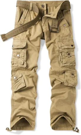 OCHENTA Men's Cotton Casual Cargo Work Pants Baggy Travel Hiking with Multi Pockets (No Belt)