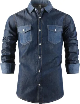 OCHENTA Men's Denim Button Down Shirts Casual Chambray Long Sleeve Lightweight Tops