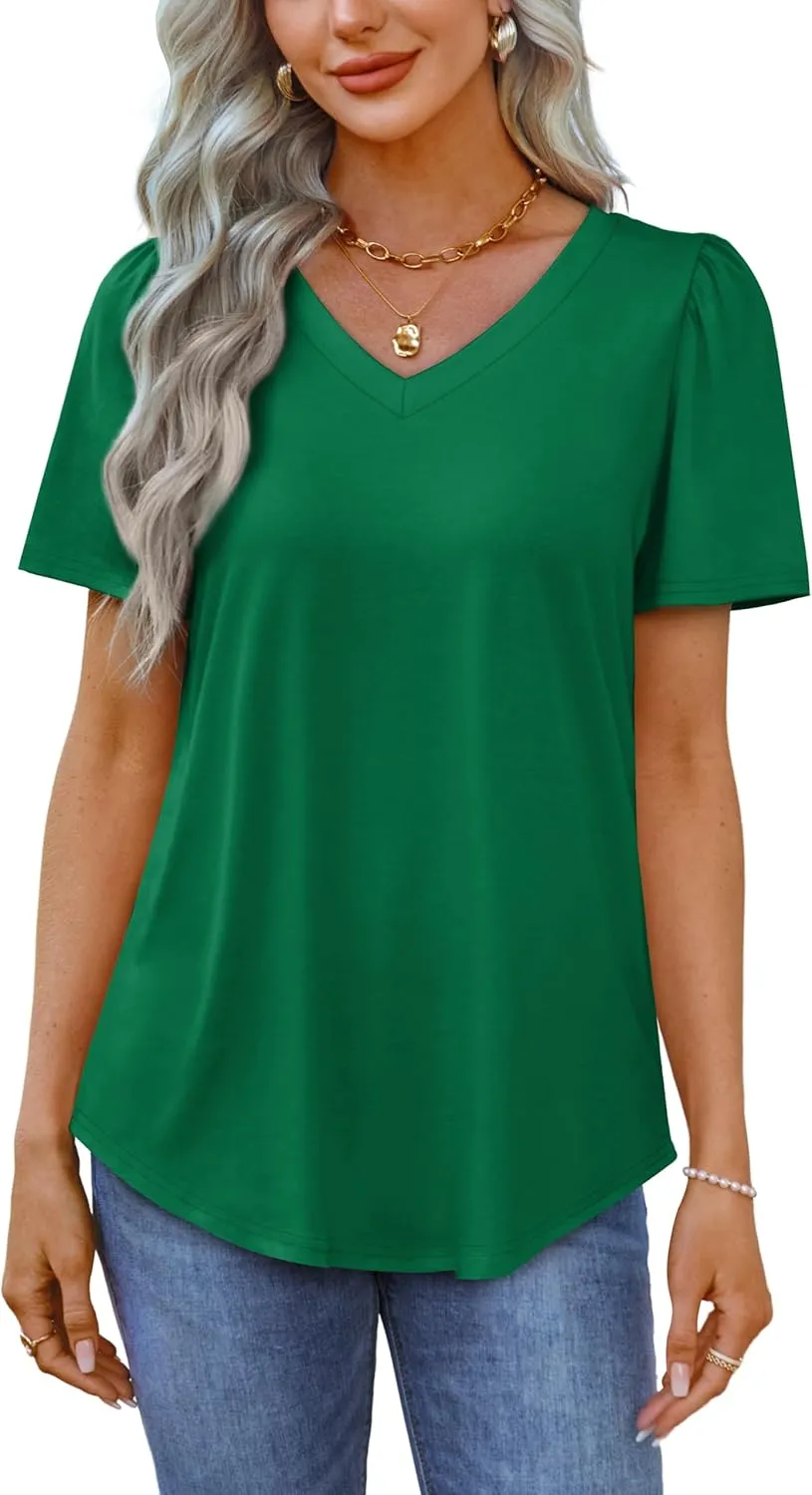 OFEEFAN T Shirts for Women V Neck Dressy Casual Blouses Puff Short Sleeve Summer Tops Loose Fit