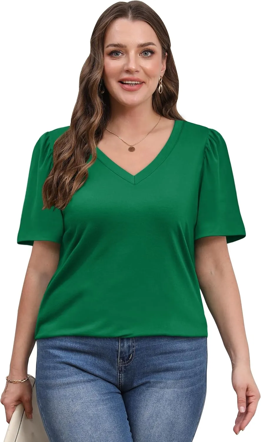 OFEEFAN T Shirts for Women V Neck Dressy Casual Blouses Puff Short Sleeve Summer Tops Loose Fit