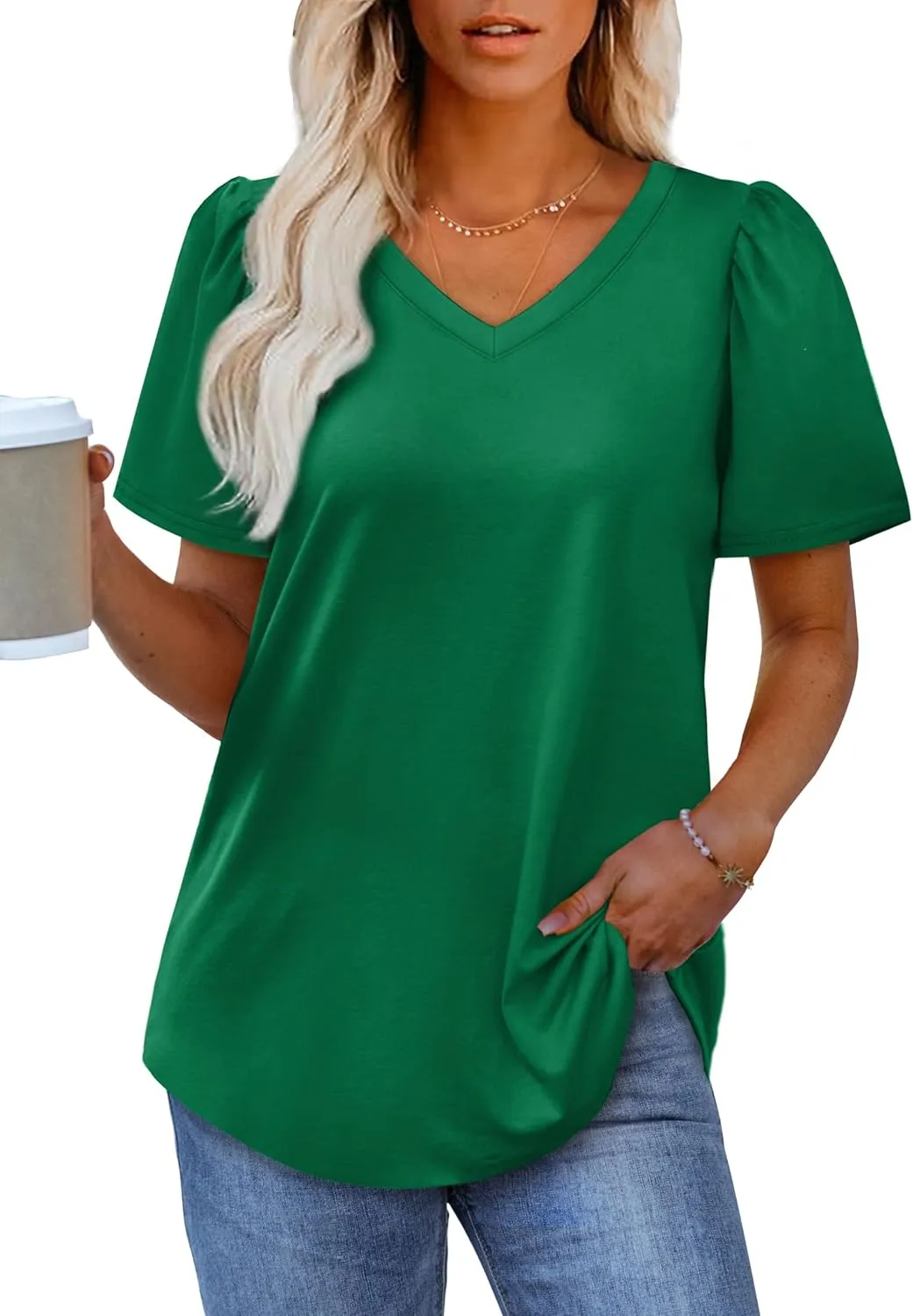 OFEEFAN T Shirts for Women V Neck Dressy Casual Blouses Puff Short Sleeve Summer Tops Loose Fit