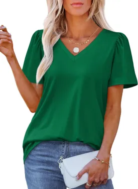 OFEEFAN T Shirts for Women V Neck Dressy Casual Blouses Puff Short Sleeve Summer Tops Loose Fit