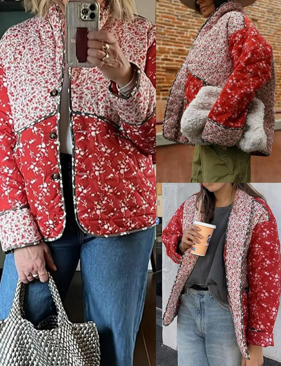 Omoone Women's Quilted Lightweight Jackets Cropped Floral Packable Puffer Jacket Winter Coat