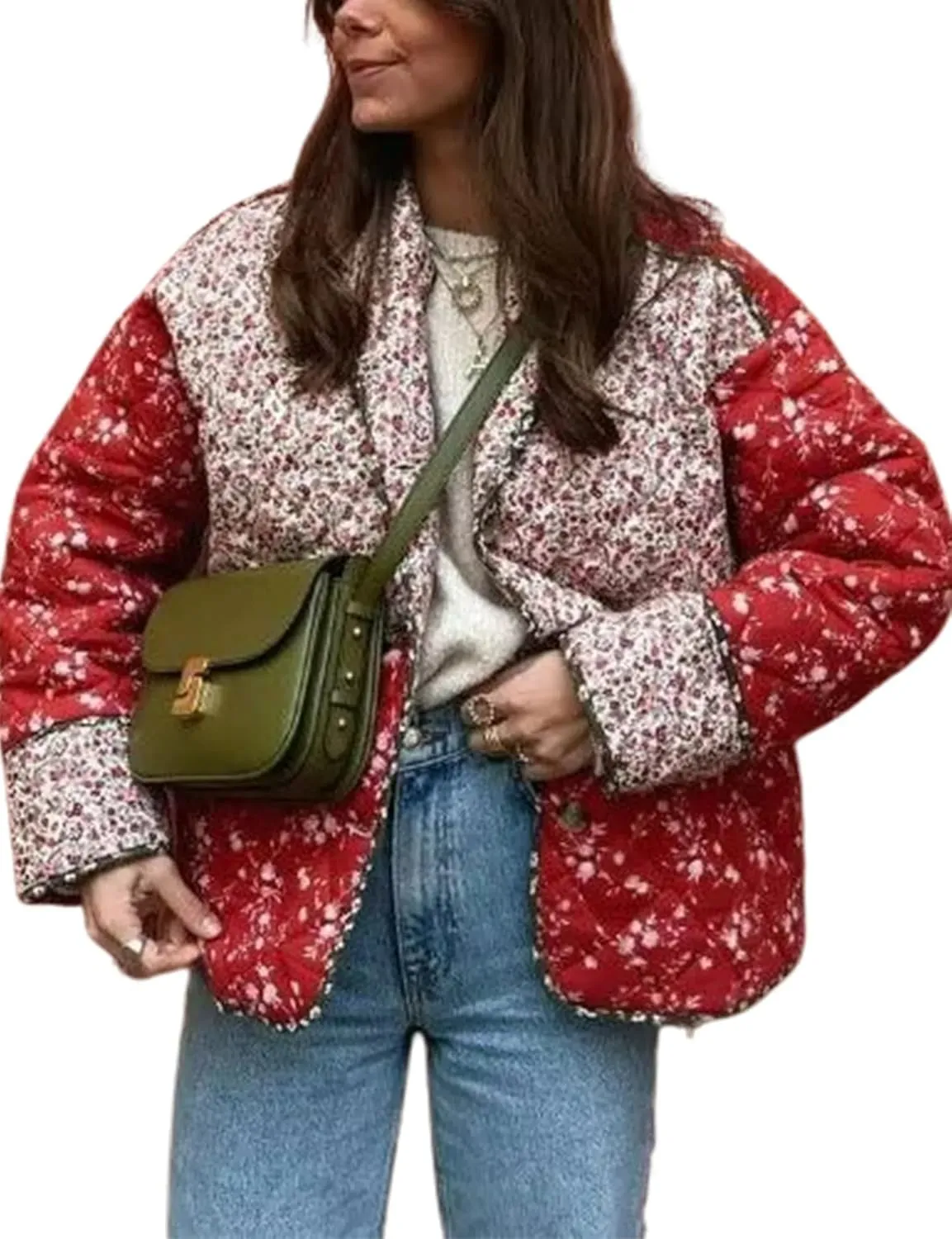 Omoone Women's Quilted Lightweight Jackets Cropped Floral Packable Puffer Jacket Winter Coat
