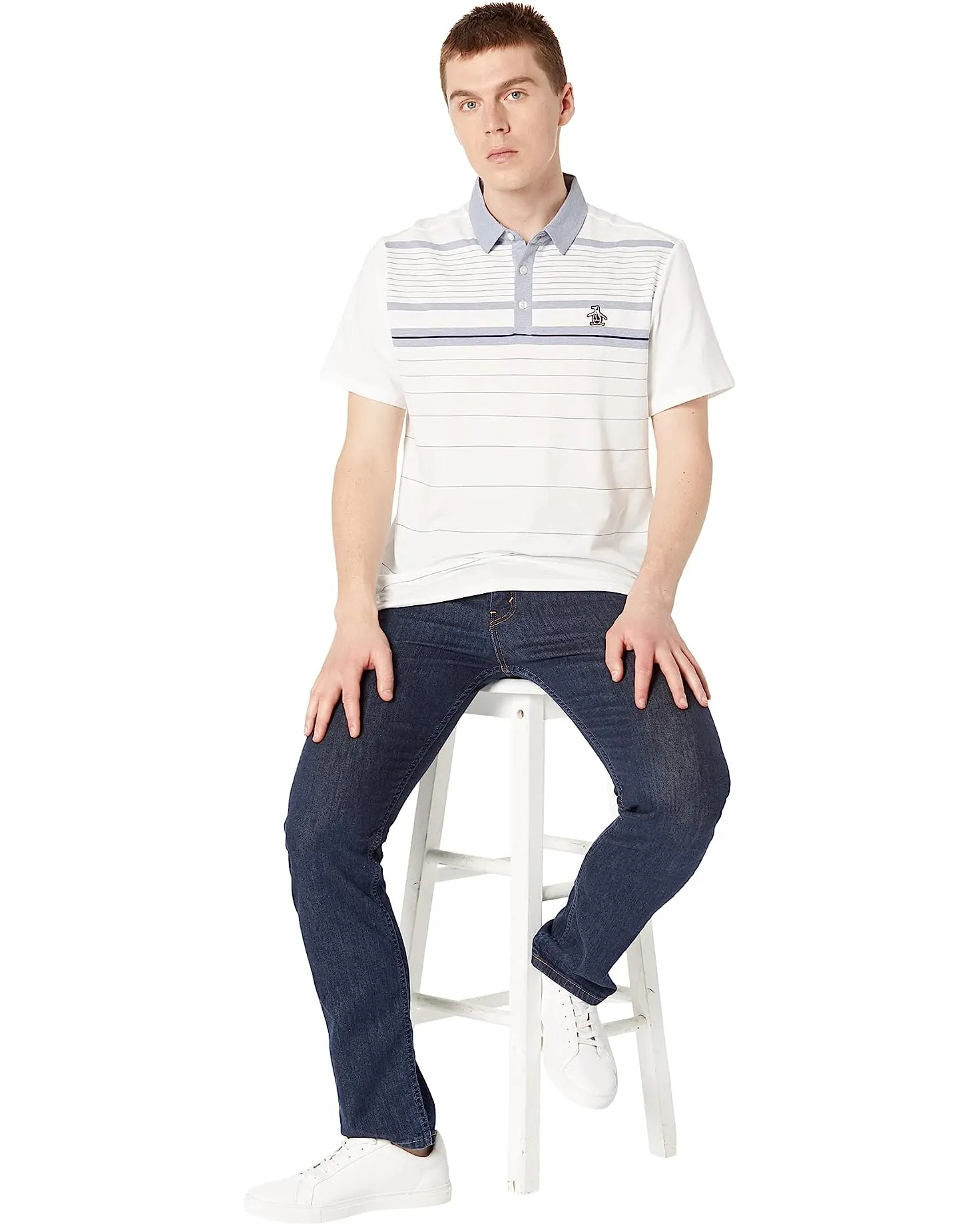 Original Penguin Mens Heritage Fine Line Stretch Golf Polo Shirt - BRIGHT WHITE