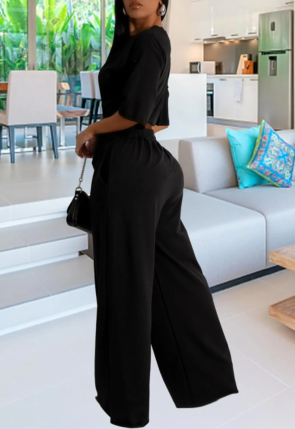 Outfits for Women 2 Piece Sets Casual Tracksuit Short Sleeve Drawstring Crop Top High Waist Wide Leg Long Pants Set