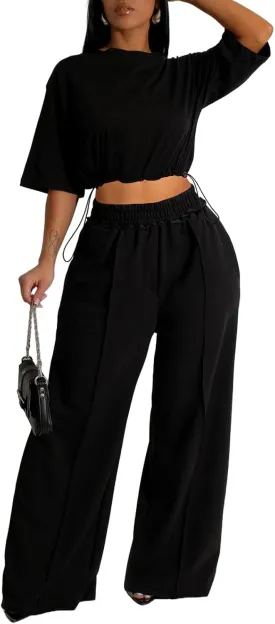 Outfits for Women 2 Piece Sets Casual Tracksuit Short Sleeve Drawstring Crop Top High Waist Wide Leg Long Pants Set