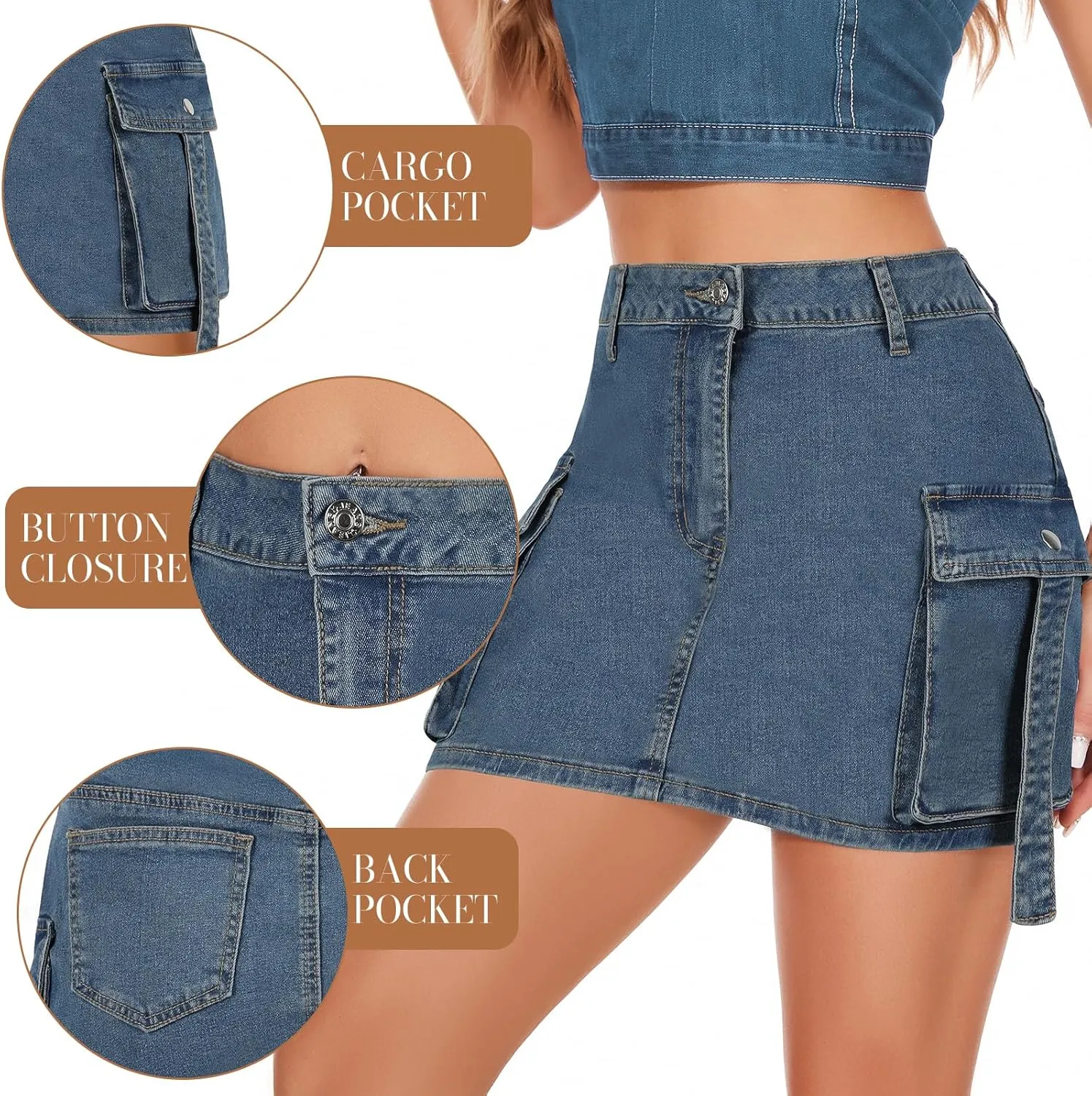 PEIQI Sexy High Waist Cargo Skirt for Women Stretchy Button Mini Cargo Denim Skirt with Pockets