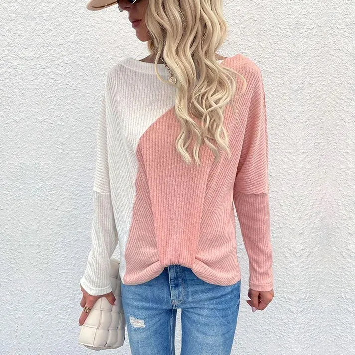 Playful Two Tone Sweater: Women's Round Neck Knitwear