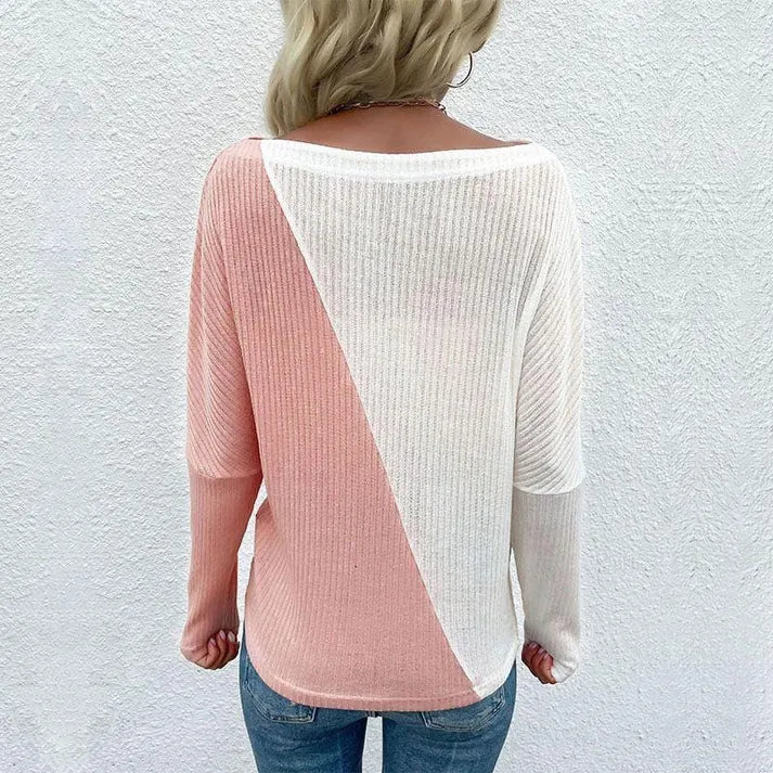 Playful Two Tone Sweater: Women's Round Neck Knitwear