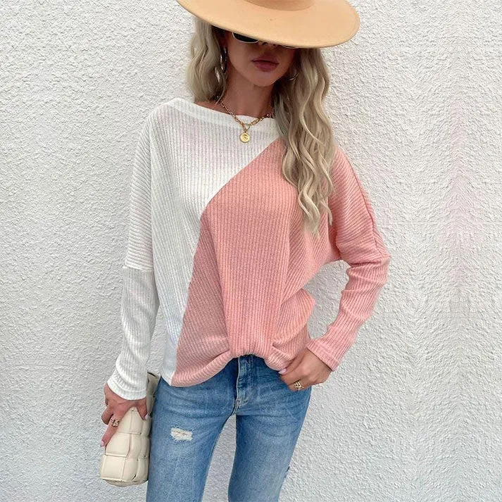 Playful Two Tone Sweater: Women's Round Neck Knitwear