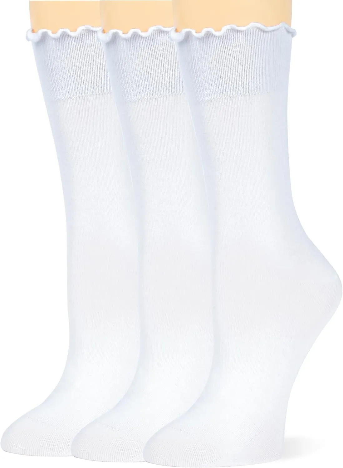 Ruffle Turn-Cuff Socks for Women, Ladies Thin Crew Cotton Lettuce Frilly Boot Sock for Trouser, Dress, Business