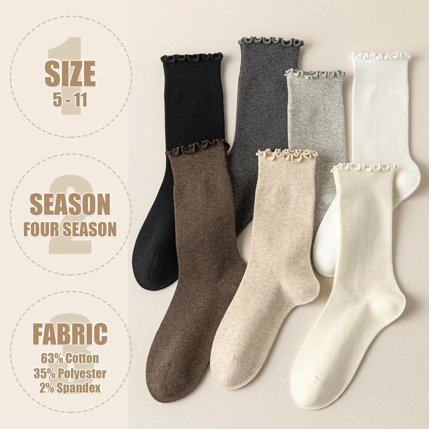 Ruffle Turn-Cuff Socks for Women, Ladies Thin Crew Cotton Lettuce Frilly Boot Sock for Trouser, Dress, Business