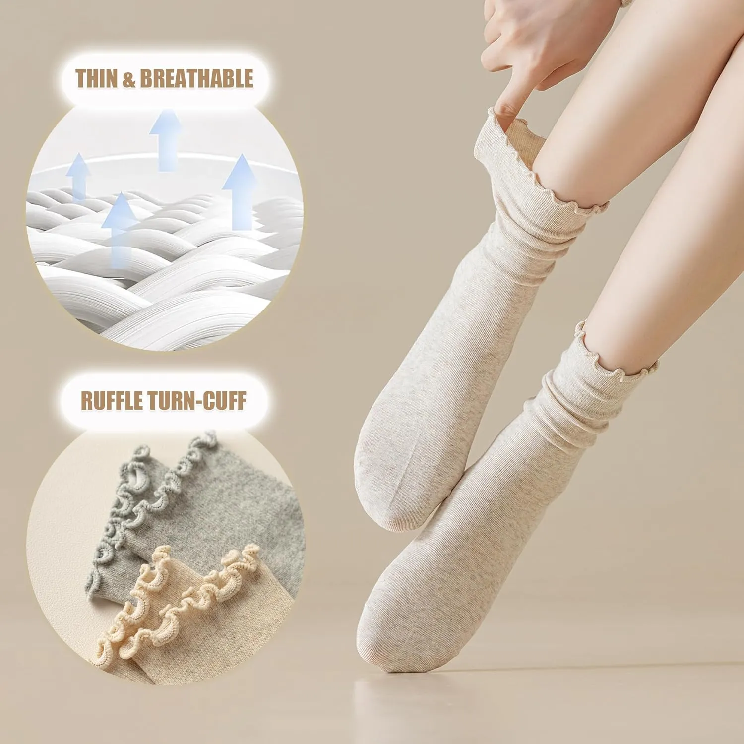 Ruffle Turn-Cuff Socks for Women, Ladies Thin Crew Cotton Lettuce Frilly Boot Sock for Trouser, Dress, Business