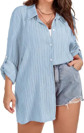 SCOMCHIC Women Plus Size Button Down Shirts Long Roll Up Sleeve V Neck Collared Casual Blouses Oversized Shirt Tops
