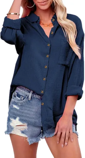 siliteelon Womens Button Down Shirts Cotton Long Sleeve Oversized Boyfriend Blouses Collared Dress Tops with Pockets - Dark Blue XL