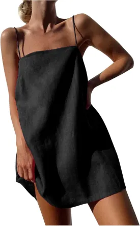 Sleeveless Slip Off Shoulder for Women Fall Summer Linen Mini Short Loose Fit Plain Dresses Women 2025 Trendy Y2K