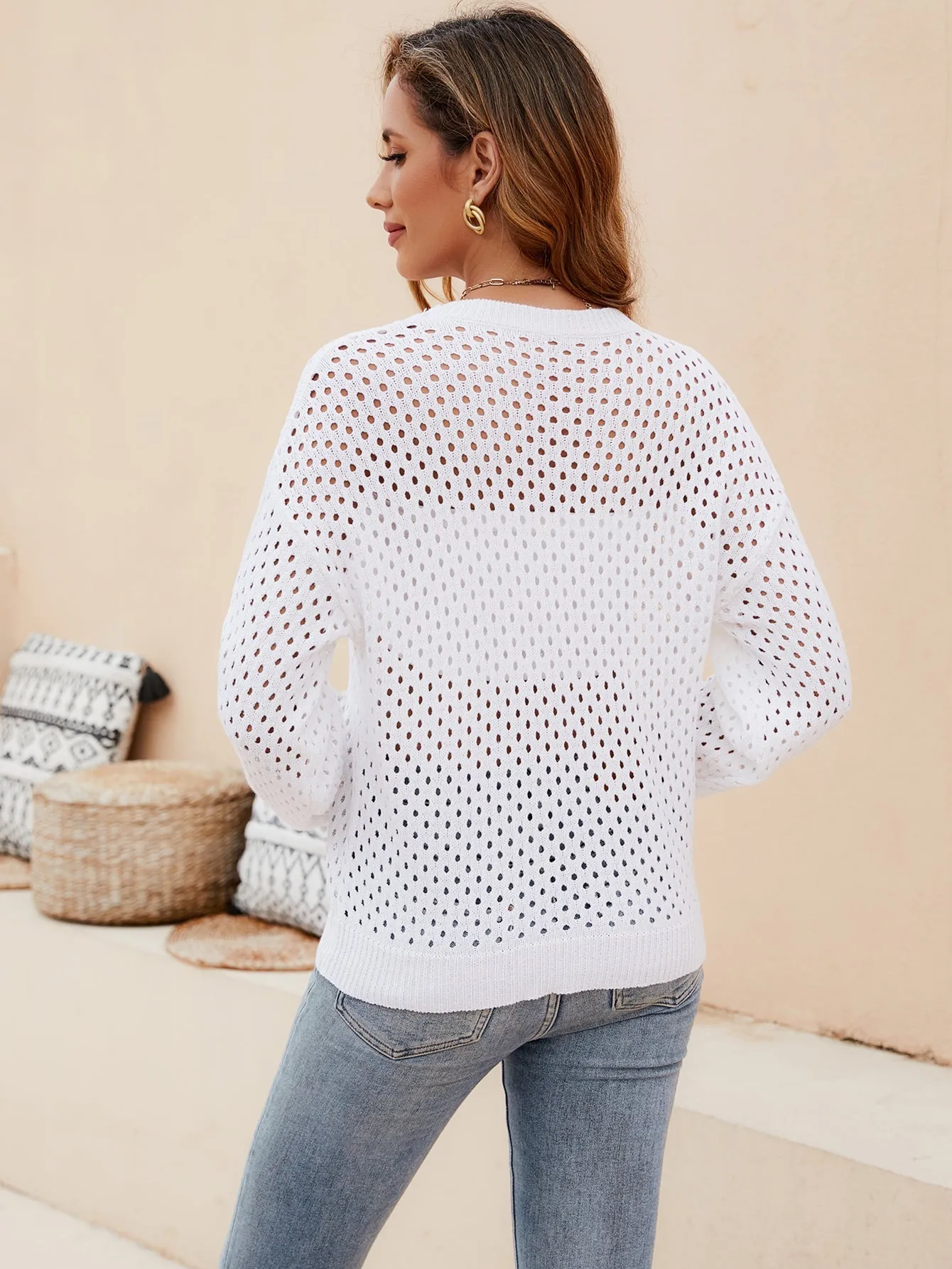Stylish Women's Eyelet Knit Pullover Sweater for Fall