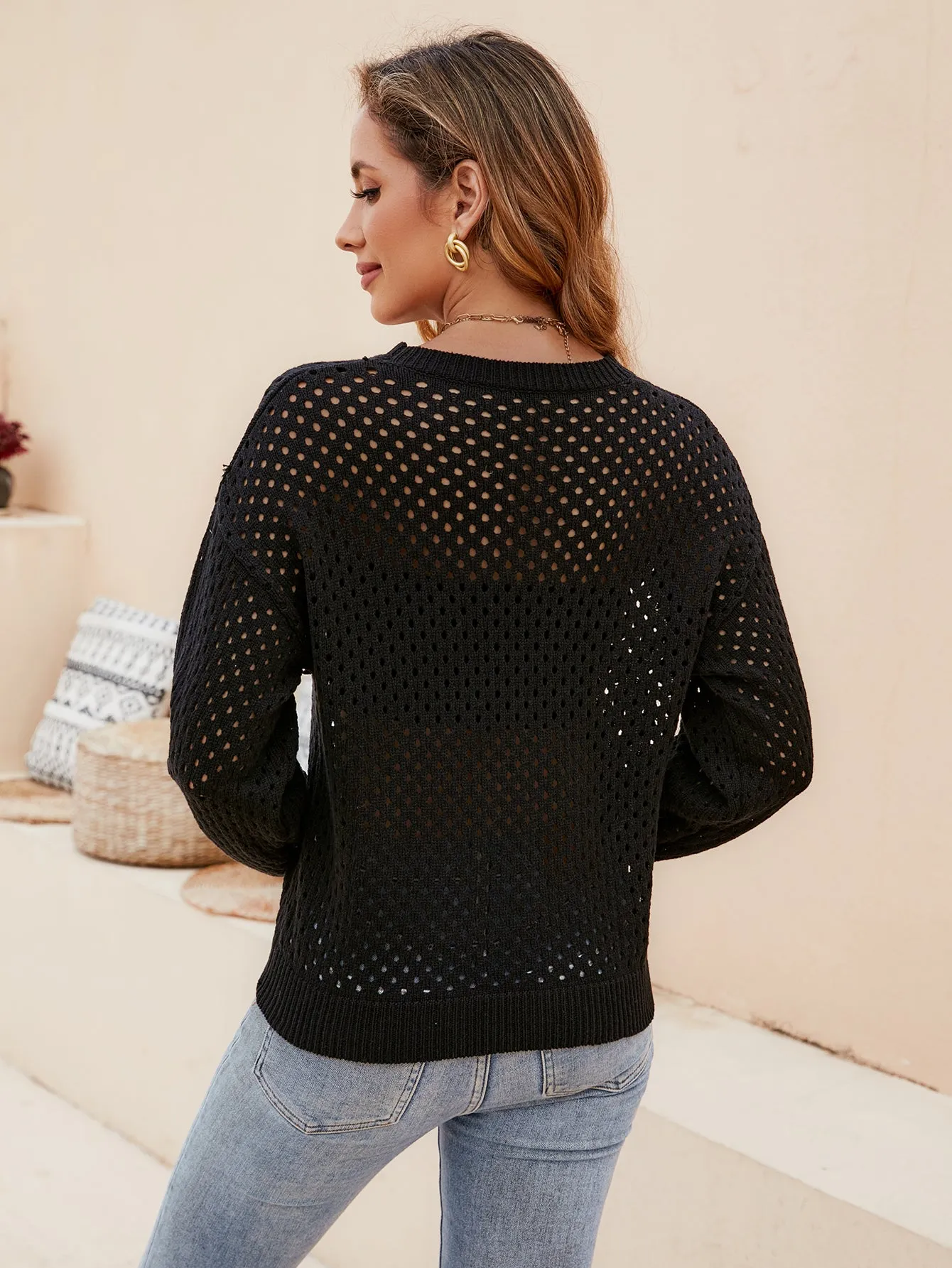 Stylish Women's Eyelet Knit Pullover Sweater for Fall