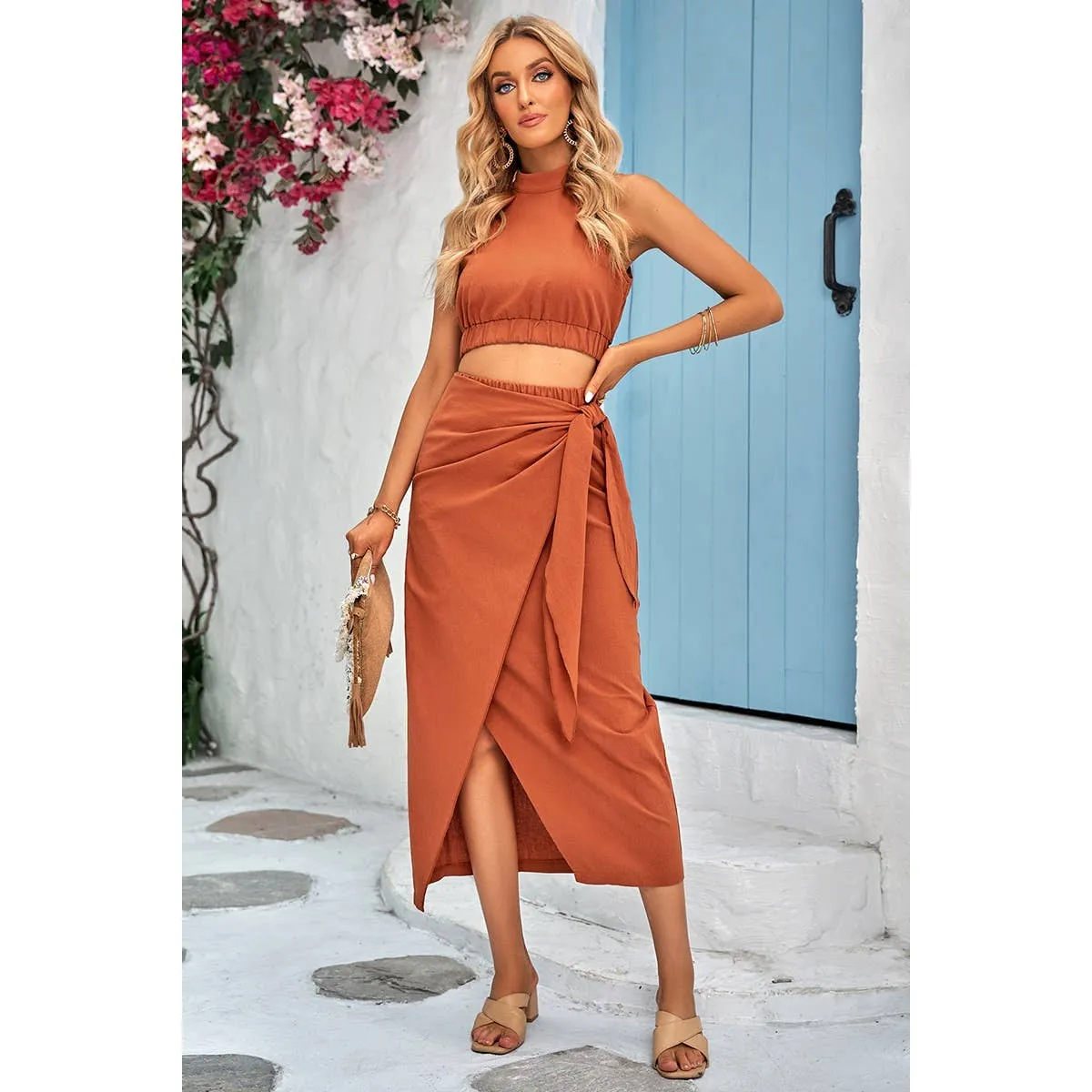 Two Pieces Soild Cowl Neck Wrap Sets