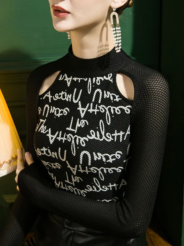 Urban Skinny Letter Print Hollow Lace Split-Joint Round-Neck T-Shirts Tops