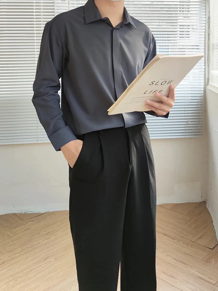 Wiaofellas  -  Men Smart Casual Office Blouse Ice Silk Anti-Wrinkle Shirt Loose Long Sleeve Draped Autumn Tops Handsome Social Business Shirts