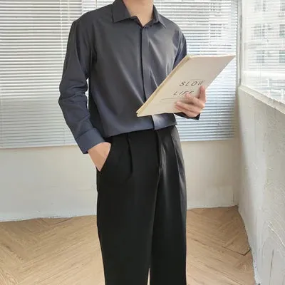 Wiaofellas  -  Men Smart Casual Office Blouse Ice Silk Anti-Wrinkle Shirt Loose Long Sleeve Draped Autumn Tops Handsome Social Business Shirts