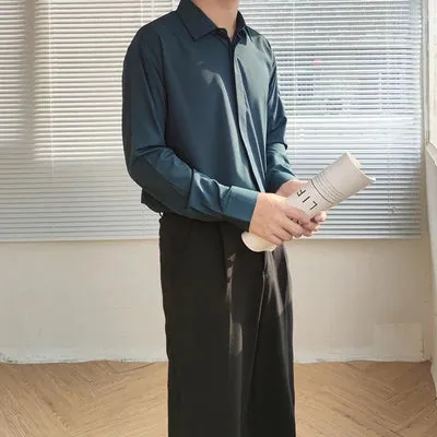 Wiaofellas  -  Men Smart Casual Office Blouse Ice Silk Anti-Wrinkle Shirt Loose Long Sleeve Draped Autumn Tops Handsome Social Business Shirts